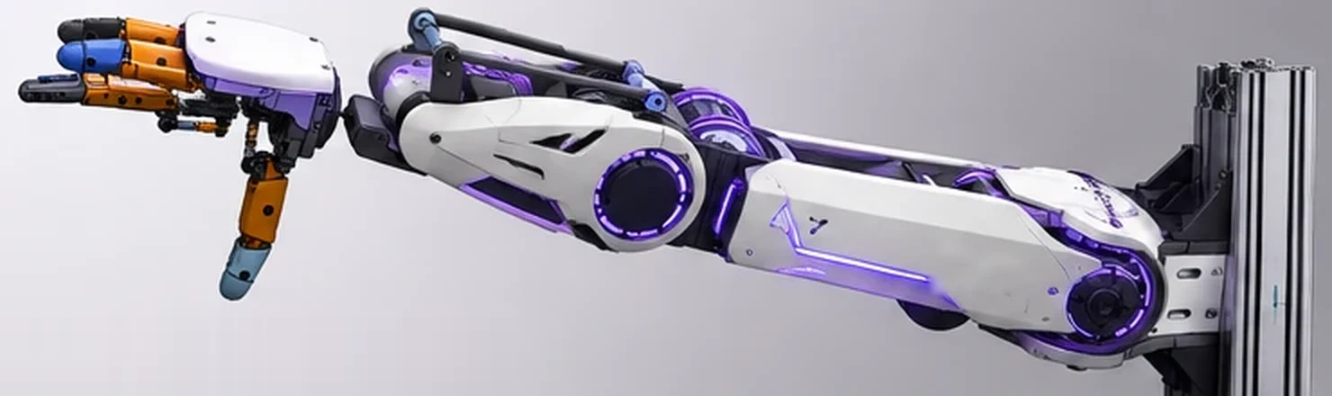 Fauna Arm V1 concept render: white shell with glowing joint rings and a gripper, mounted on an aluminium extrusion