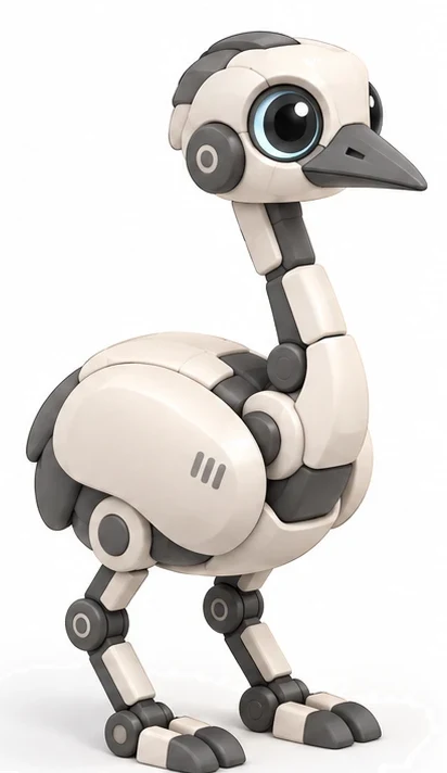 NanoEmu concept render: ivory and graphite shell, big eyes, long neck and reverse-knee legs